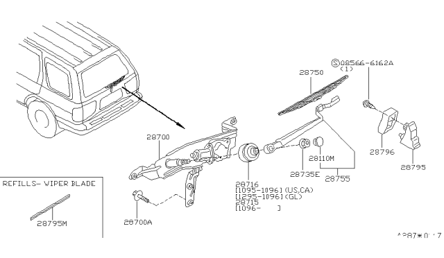 2000 Nissan Pathfinder Rear Window Wiper Arm Assembly Diagram for 28780-0W001