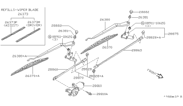 1996 Nissan Pathfinder Windshield Wiper Arm Assembly Diagram for 28881-0W000