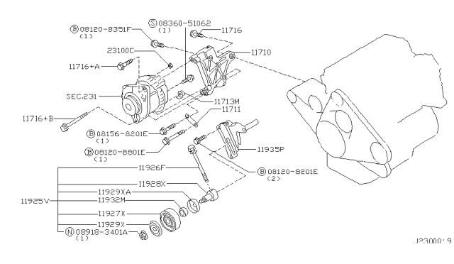 1999 Nissan Pathfinder Pulley Assy Diagram for 11947-0W000