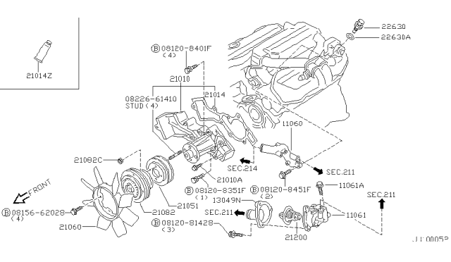 1998 Nissan Pathfinder Thermostat Housing Diagram for 11061-0W000