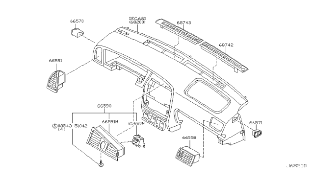 2003 Nissan Pathfinder Grille-Front DEFROSTER Diagram for 68742-0W711