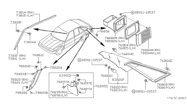 1988 Nissan Stanza MOULDING Set-Side Window LH Diagram for 76835-D5500