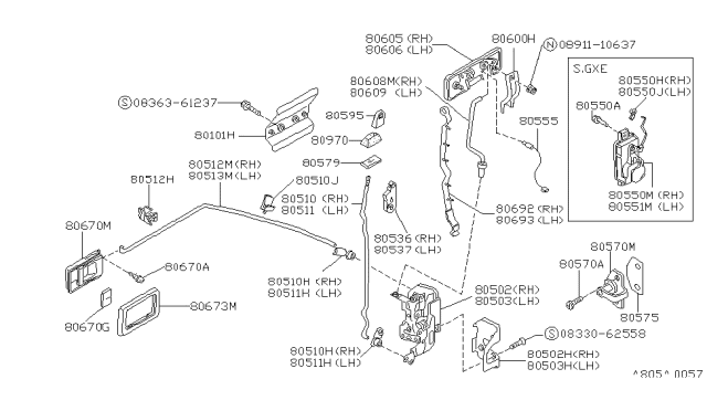 1987 Nissan Stanza Front Door Outside Handle Assembly, Left Diagram for 80607-D4511
