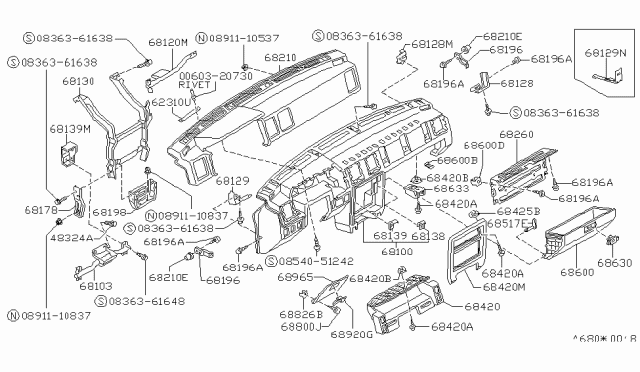 1988 Nissan Stanza Bracket Instrument Side RH Diagram for 68128-D4500
