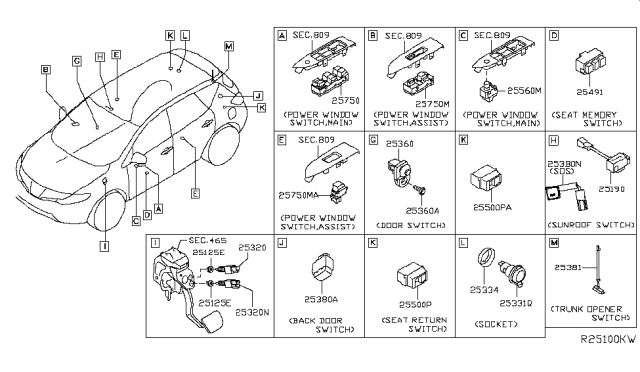 2018 Nissan Murano Switch Assembly-Seat Memory Diagram for 25491-9PJ0A