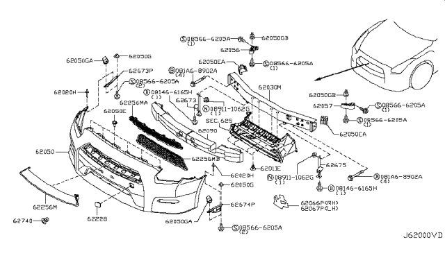 2011 Nissan GT-R Armature Assy-Front Bumper Diagram for 62030-JF30A