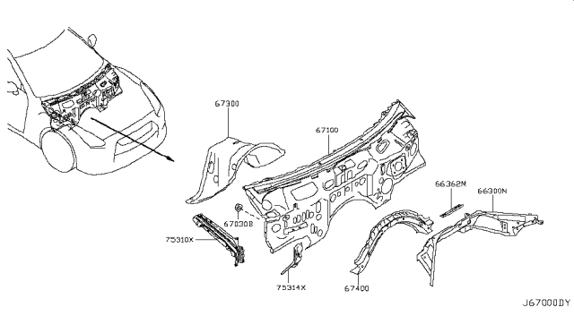2010 Nissan GT-R Cowl Top Assy-Front Diagram for 66300-JF10A