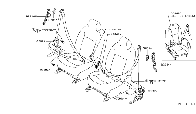 2015 Nissan Rogue Pretensioner Front Right Tongue Belt Assembly Diagram for 86884-9TA2B