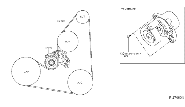 2019 Nissan Rogue TENSIONER Assembly Auto Diagram for 11955-3TA0B