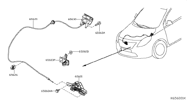 2019 Nissan Versa Bell Crank-Hood Lock Diagram for 65603-3BN0A