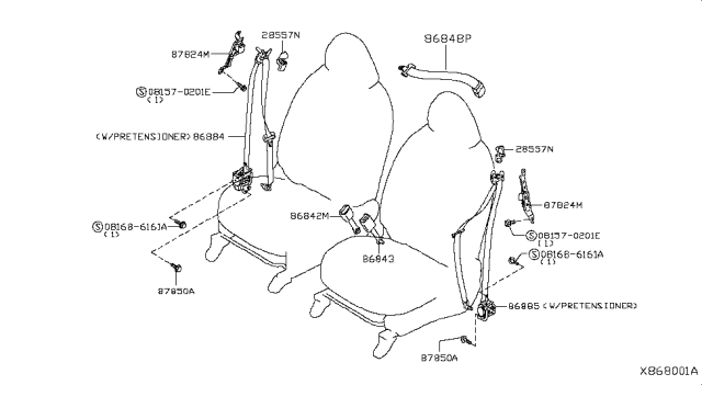 2015 Nissan Versa Tongue Belt Assembly, Pretension Front Right Diagram for 86884-3WC8B