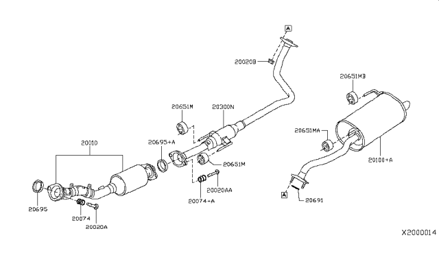 2014 Nissan Versa Front Exhaust Tube Assembly Diagram for 20010-3AN6A
