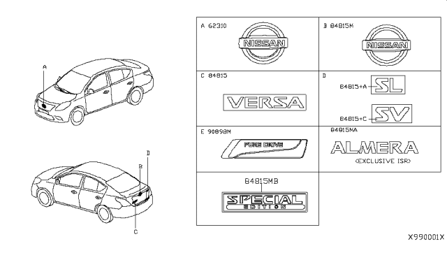 2015 Nissan Versa Back Door Name Label Diagram for 90893-1HJ0A