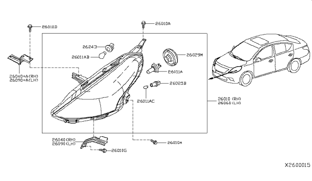 2014 Nissan Versa Headlamp Socket Assembly Diagram for 26243-9LE0A
