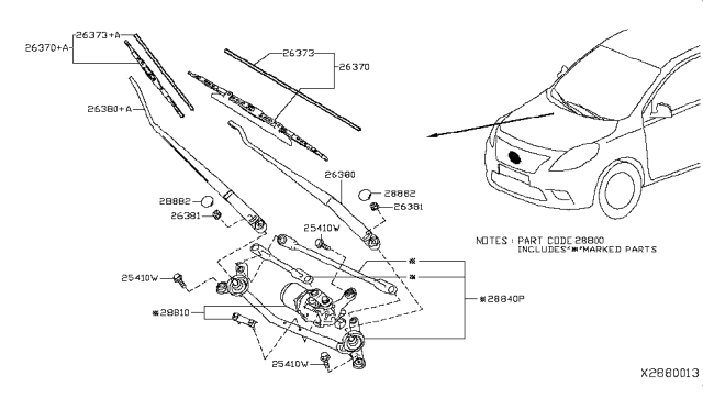 2014 Nissan Versa Windshield Wiper Arm Assembly Diagram for 28881-3AN1A