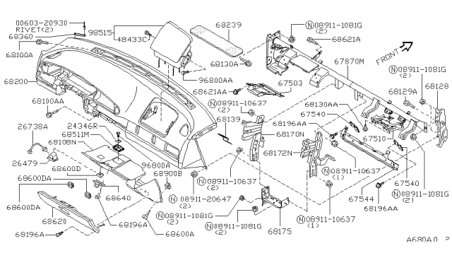 1996 Nissan Altima Instrument Panel,Pad & Cluster Lid Diagram 1