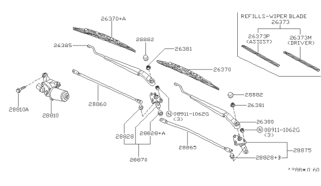 1994 Nissan Stanza Windshield Wiper Blade Assembly Diagram for 28890-F6605