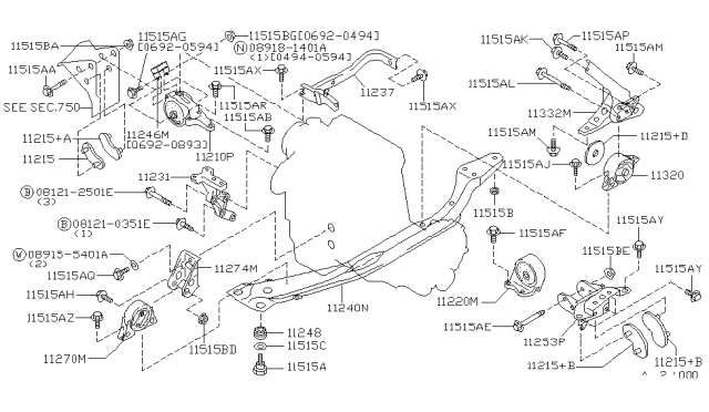 1994 Nissan Stanza Engine Mounting, Rear Diagram for 11320-2B000