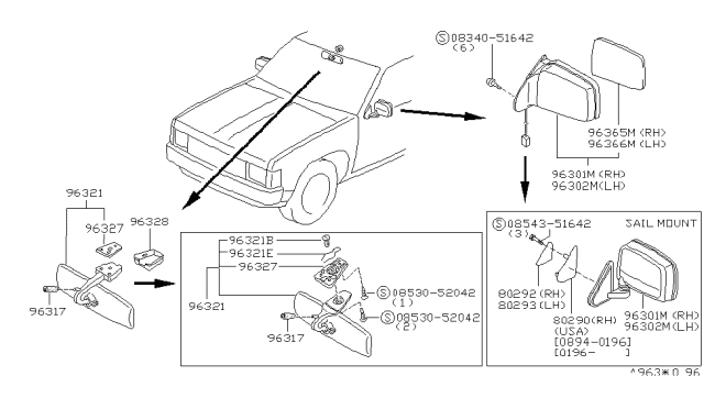 1996 Nissan Hardbody Pickup (D21U) L Door Mirror Assembly Diagram for 96302-3B300