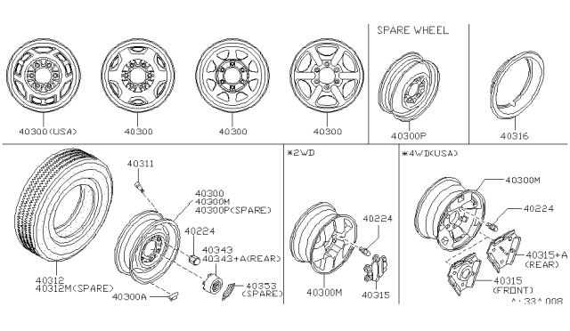 1996 Nissan Hardbody Pickup (D21U) Black Steel Wheel Center Caps Hubcaps Diagram for 40342-08G00