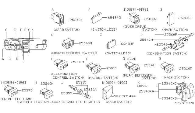 1996 Nissan Hardbody Pickup (D21U) Switch Assembly Turn Signal Diagram for 25540-2B200