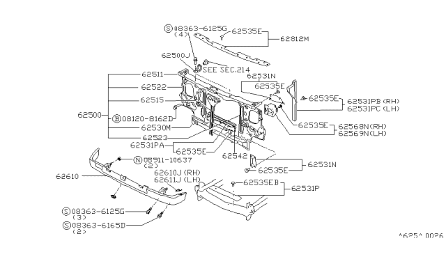 1996 Nissan Hardbody Pickup (D21U) Radiator Core Support Seal Assembly Diagram for 62542-70P35