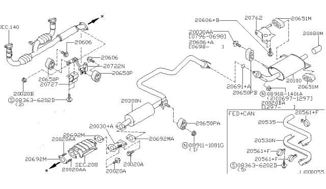 1998 Nissan Maxima Exhaust, Sub Muffler Assembly Diagram for 20300-0L710