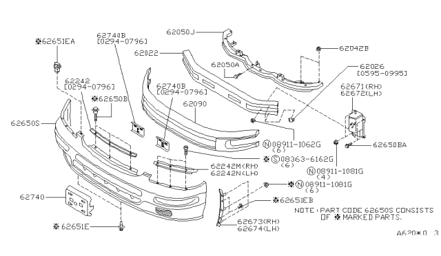 1995 Nissan Maxima RETAINER Front Bumper,Upper LH Diagram for 62291-40U01