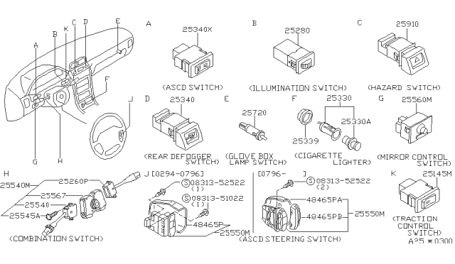 1997 Nissan Maxima Switch Assy-Combination Diagram for 25560-0W001