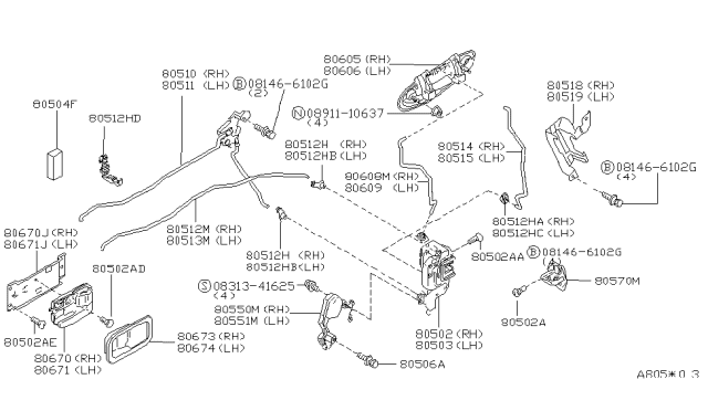 1999 Nissan Maxima Front Door Outside Handle Assembly, Right Diagram for 80606-3L614