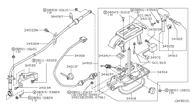 1997 Nissan Maxima Transmission Control Device Assembly Diagram for 34901-53U66