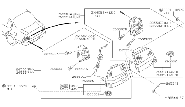1996 Nissan Maxima Body Assembly-Combination Lamp,RH Diagram for 26554-40U26