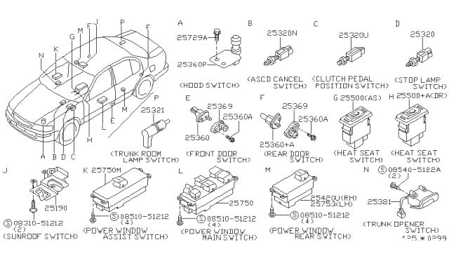 1995 Nissan Maxima Switch Assembly-Trunk Room Lamp Diagram for 25200-71L00