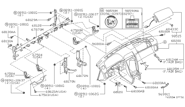 1998 Nissan Maxima Bracket Air Bag, Instrument RH Diagram for 68134-0L700