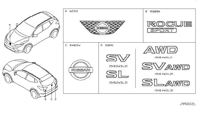 2017 Nissan Rogue Sport Emblem-Front Diagram for 62890-6MD0A
