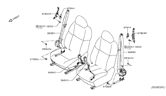 2019 Nissan Rogue Sport Front Seat Left Buckle Belt Assembly Diagram for 86843-6MA0A