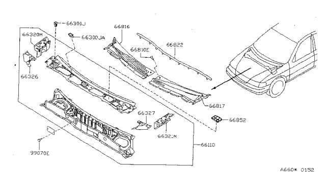 1996 Nissan Sentra Cowl Top & Fitting Diagram