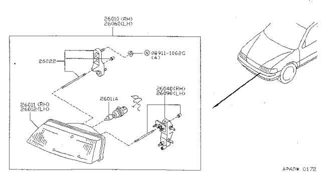 1998 Nissan Sentra Passenger Side Headlight Assembly Diagram for 26010-1M325