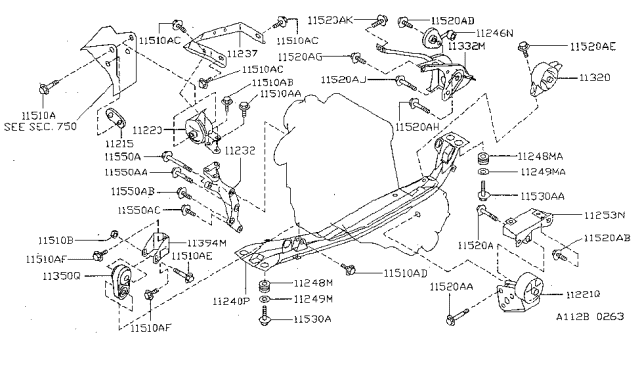 1998 Nissan Sentra Engine Mounting Bracket, Rear Diagram for 11332-F4301