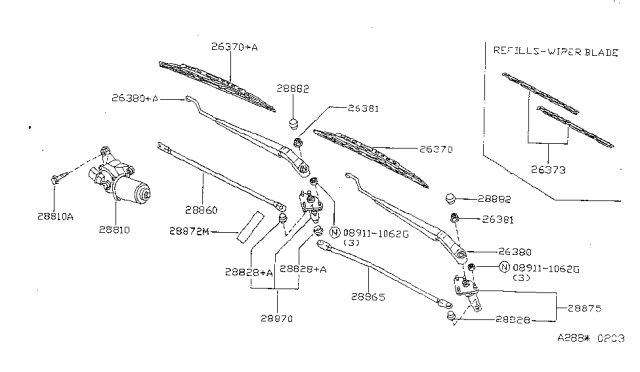 1996 Nissan Sentra Windshield Wiper Arm Assembly Diagram for 28881-1N600