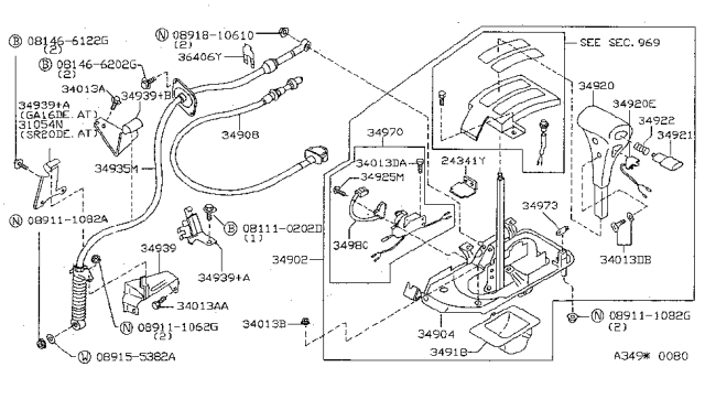 1998 Nissan Sentra Transmission Control Device Assembly Diagram for 34901-9B405
