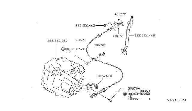 1995 Nissan Sentra Cable Assy-Clutch Operating Diagram for 30770-1M200