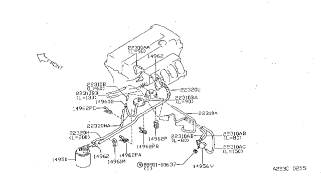 1999 Nissan Sentra Hose-Vacuum Control,B Diagram for 22320-4M205