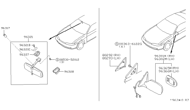 1996 Nissan 240SX Mirror Assembly - Inside Diagram for 96321-65F61