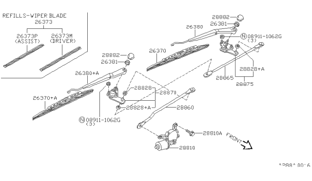1998 Nissan 240SX Window Wiper Blade Assembly Diagram for 28890-70F00