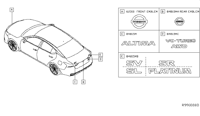 2019 Nissan Altima Emblem-Trunk Lid Diagram for 84896-6CA4A
