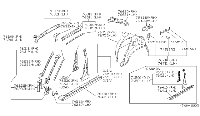 1990 Nissan Maxima Rail-Side Roof Inner RH Diagram for 76330-85E00