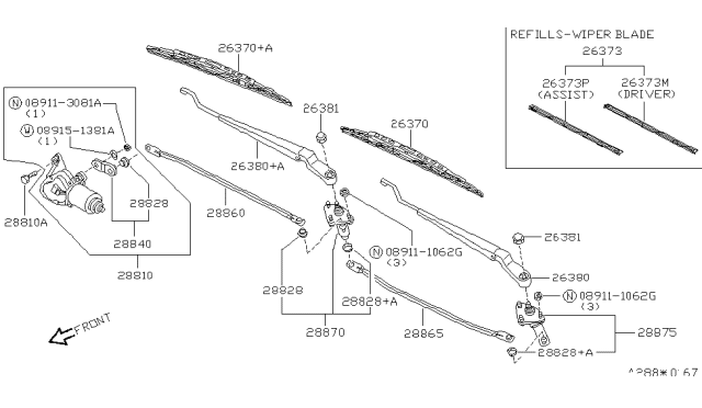 1991 Nissan Maxima Windshield Wiper Arm Assembly Diagram for 28886-85E20