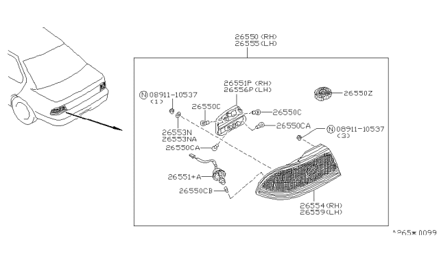 1991 Nissan Maxima Lamp Rear Combination LH Diagram for B6555-85E00