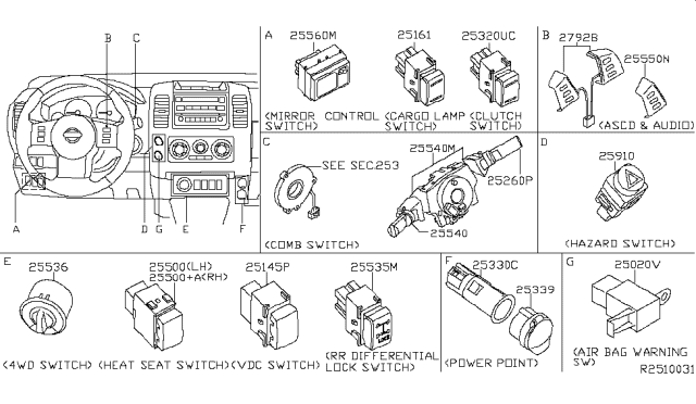 2006 Nissan Frontier Switch Assy-Combination Diagram for 25560-ZP50B